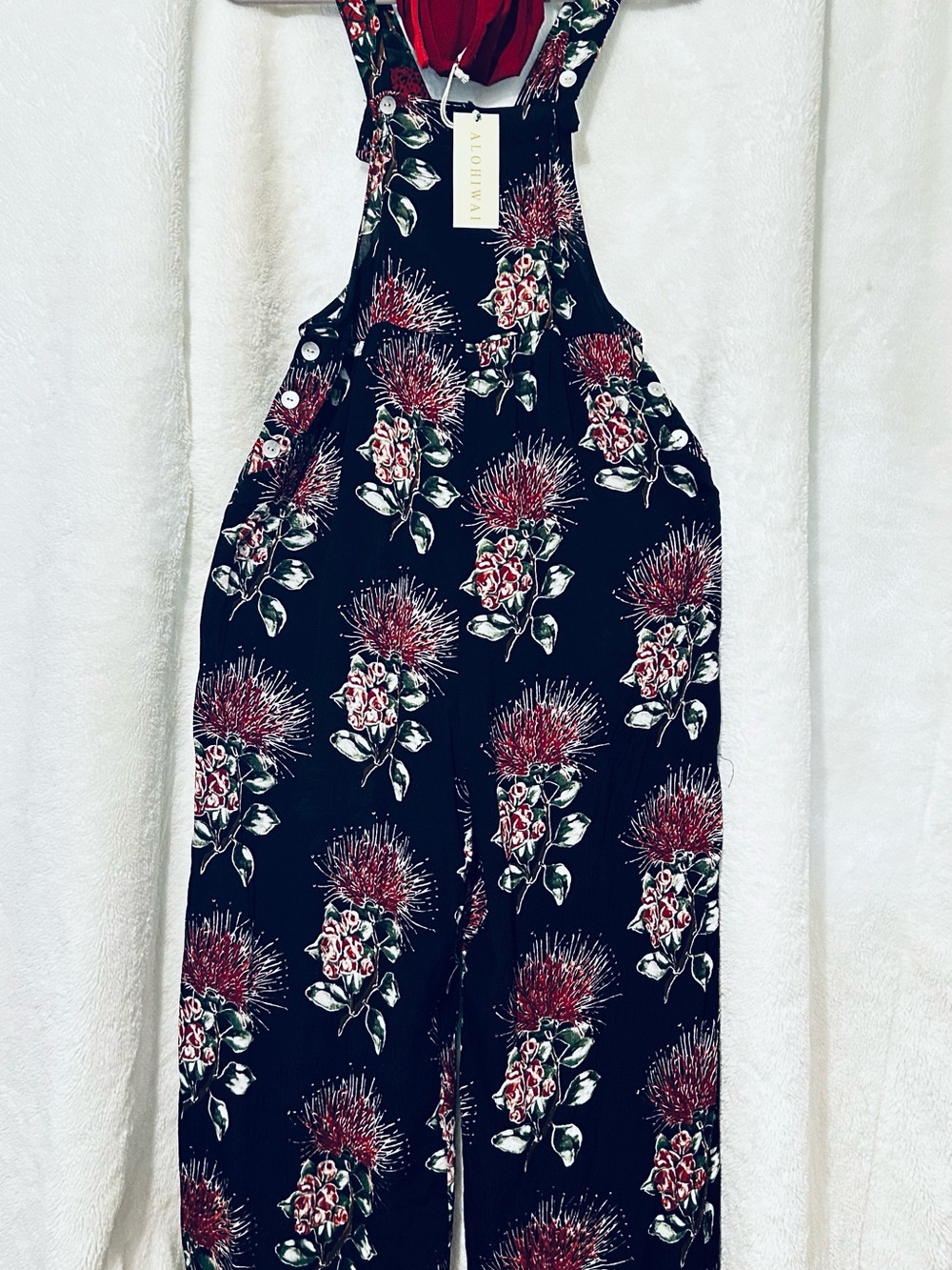 Alohiwai Women's Black Floral Print Overalls Jumpsuit